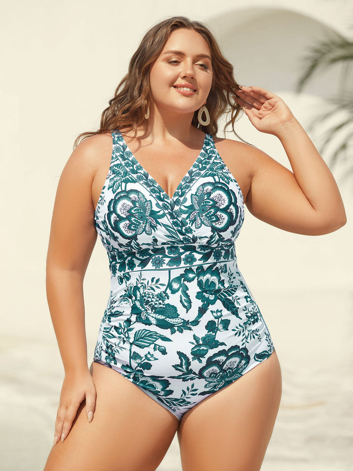 Celienne™ – Floral Ruched Mesh Swimsuit & Sarong Set