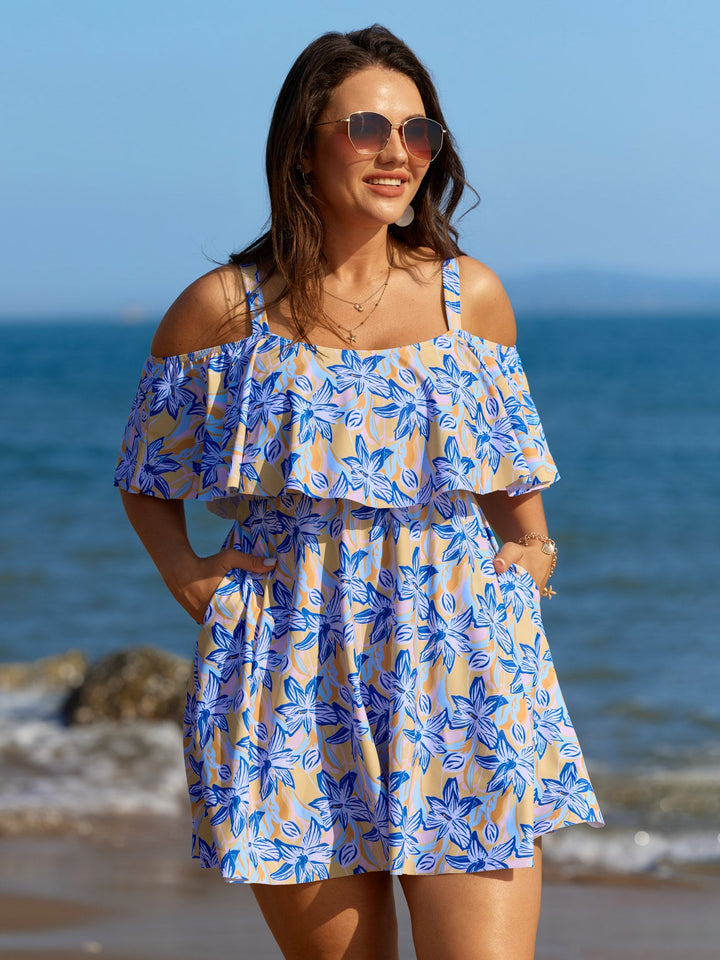 Caelina™ – Floral Ruffle Trim Off Shoulder Pockets Swim Dress