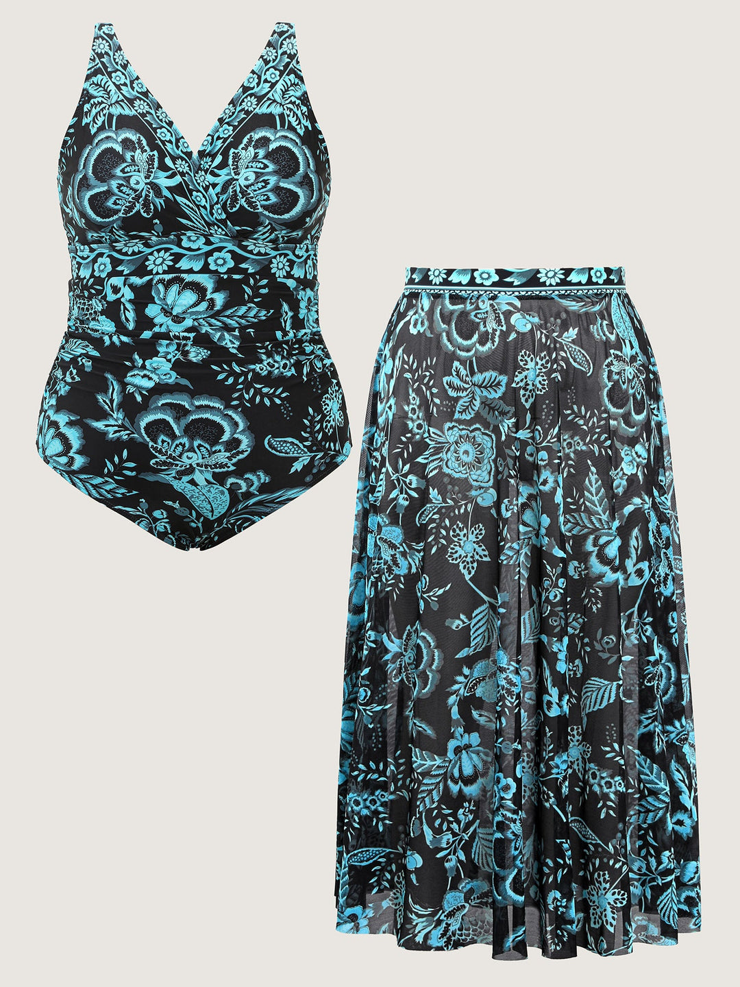Celienne™ – Floral Ruched Mesh Swimsuit & Sarong Set
