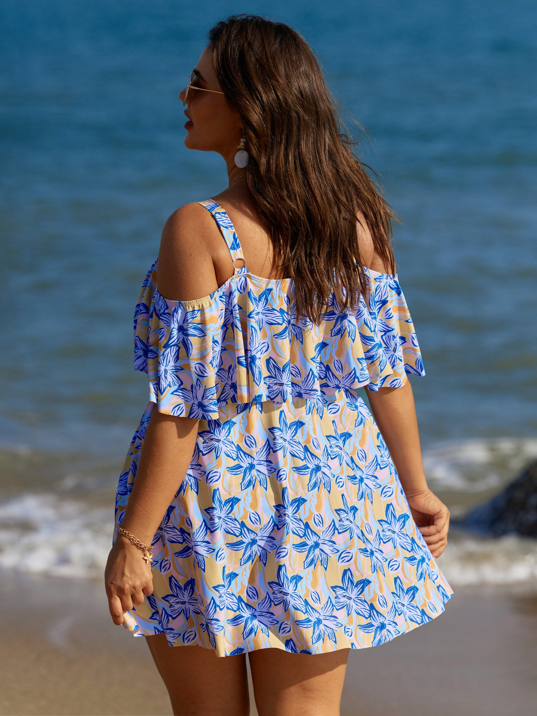 Caelina™ – Floral Ruffle Trim Off Shoulder Pockets Swim Dress
