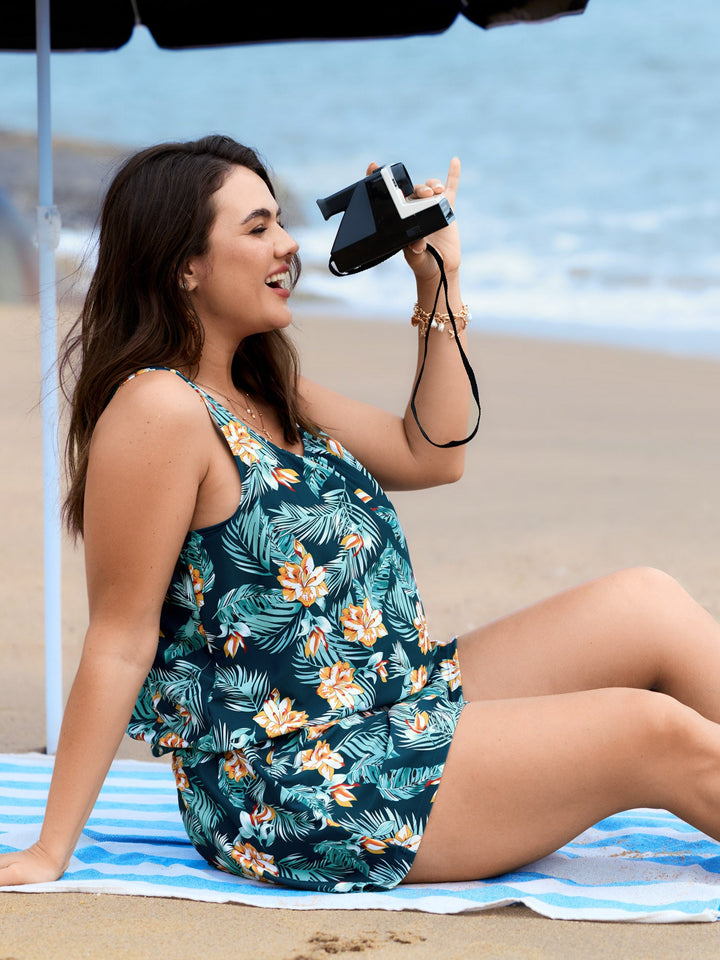 Serelle™ – Tropical Flower Print Pockets One-Piece Swimsuit