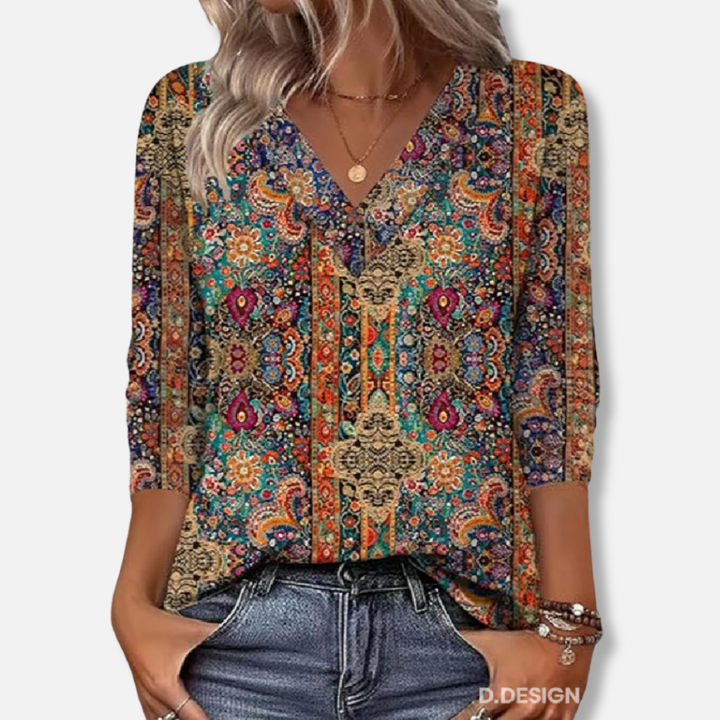 Elysea™ Retro Printed Blouse V-Neck