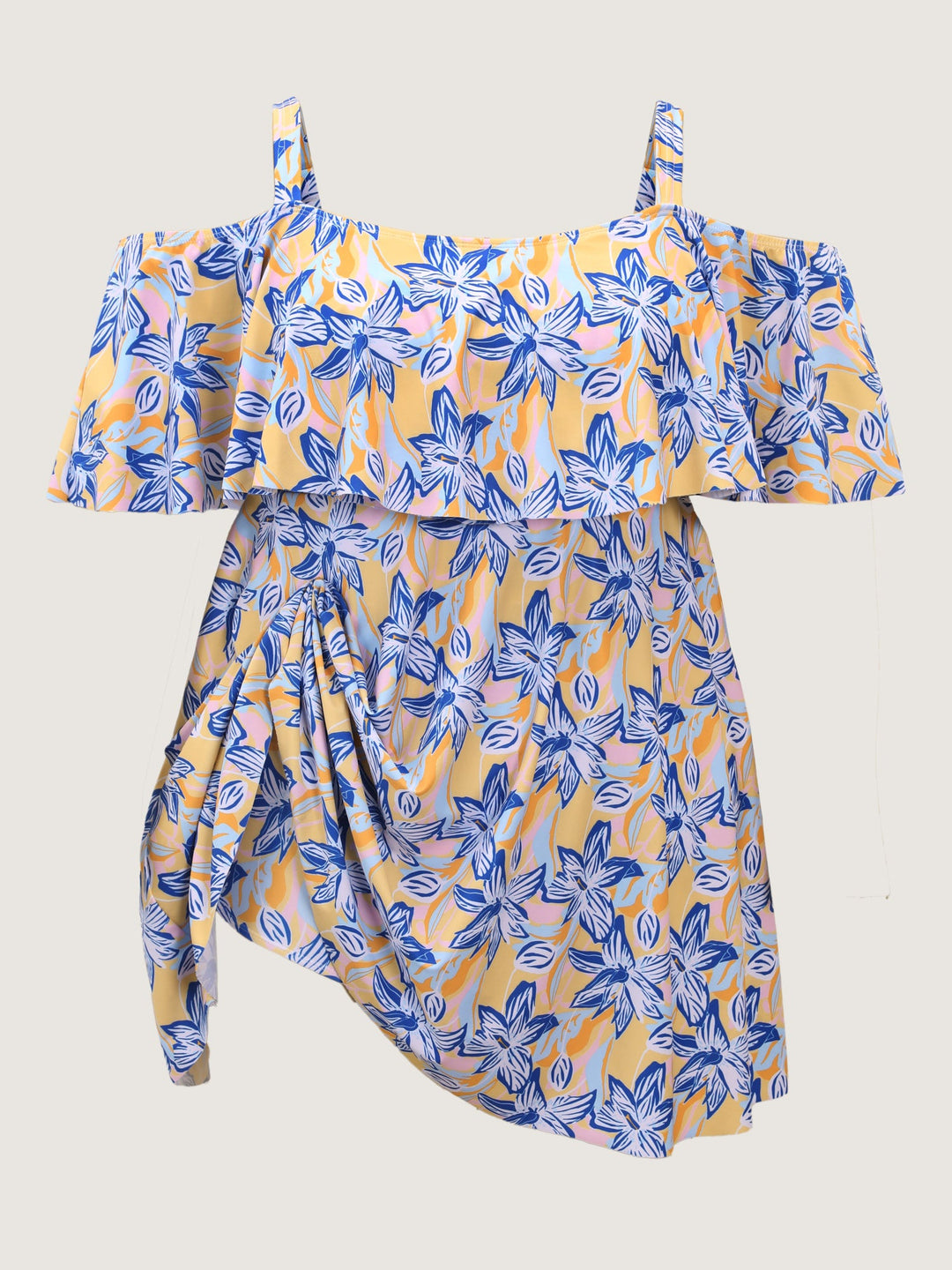 Caelina™ – Floral Ruffle Trim Off Shoulder Pockets Swim Dress