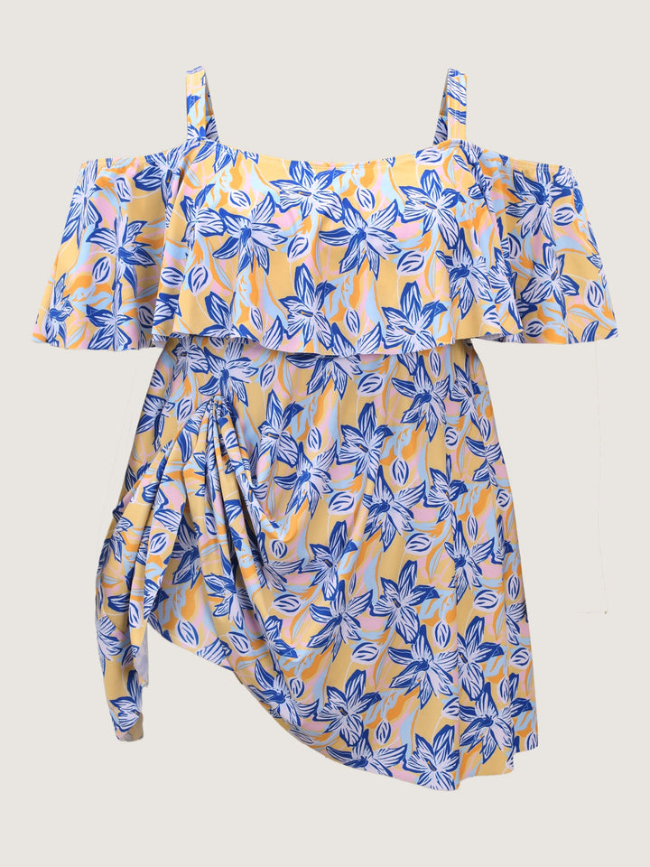 Caelina™ – Floral Ruffle Trim Off Shoulder Pockets Swim Dress