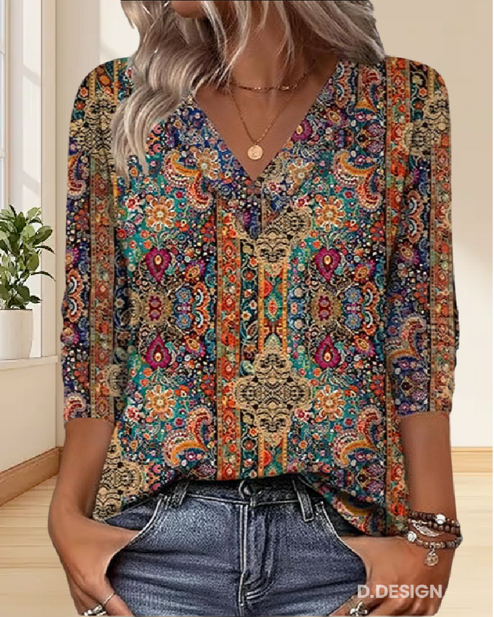 Elysea™ Retro Printed Blouse V-Neck
