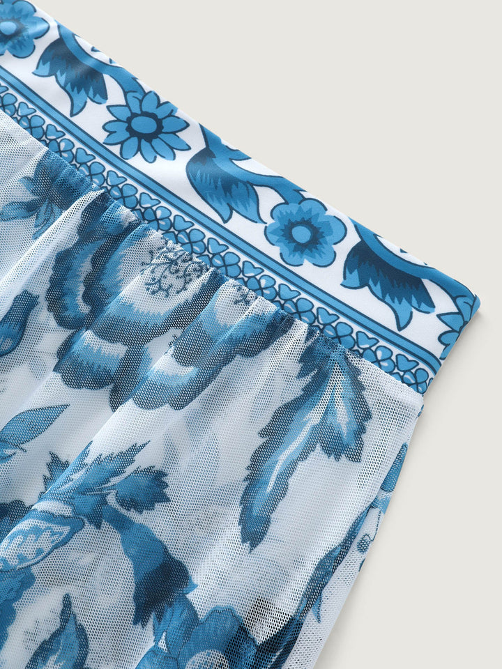 Celienne™ – Floral Ruched Mesh Swimsuit & Sarong Set