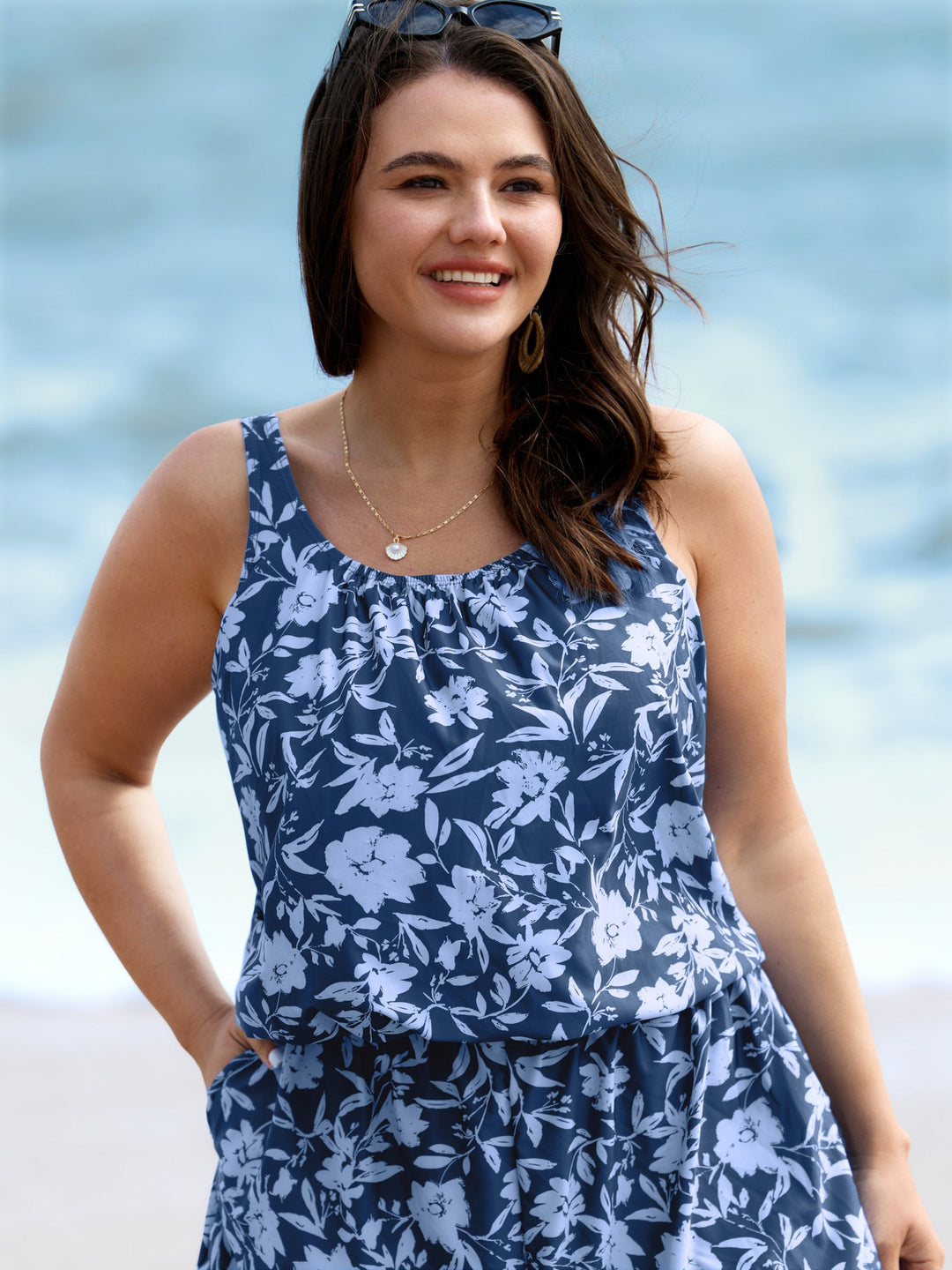 Serelle™ – Tropical Flower Print Pockets One-Piece Swimsuit