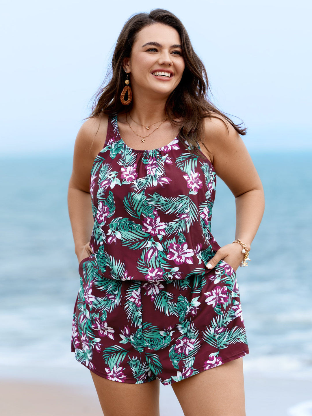 Serelle™ – Tropical Flower Print Pockets One-Piece Swimsuit