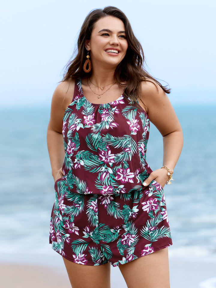 Serelle™ – Tropical Flower Print Pockets One-Piece Swimsuit