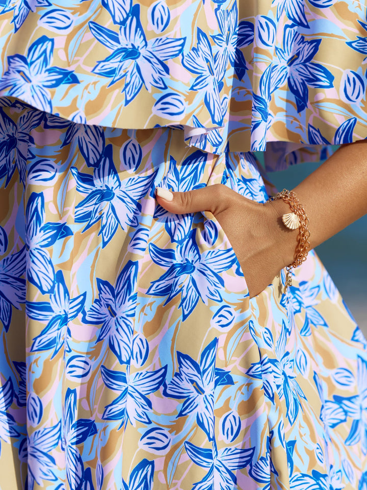 Caelina™ – Floral Ruffle Trim Off Shoulder Pockets Swim Dress
