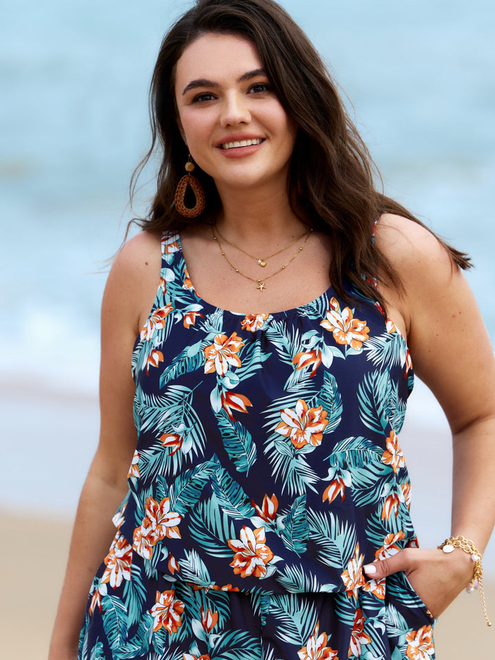 Serelle™ – Tropical Flower Print Pockets One-Piece Swimsuit