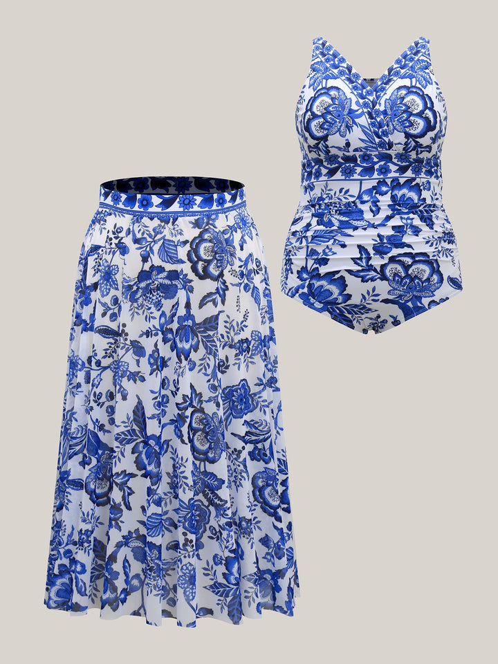 Celienne™ – Floral Ruched Mesh Swimsuit & Sarong Set