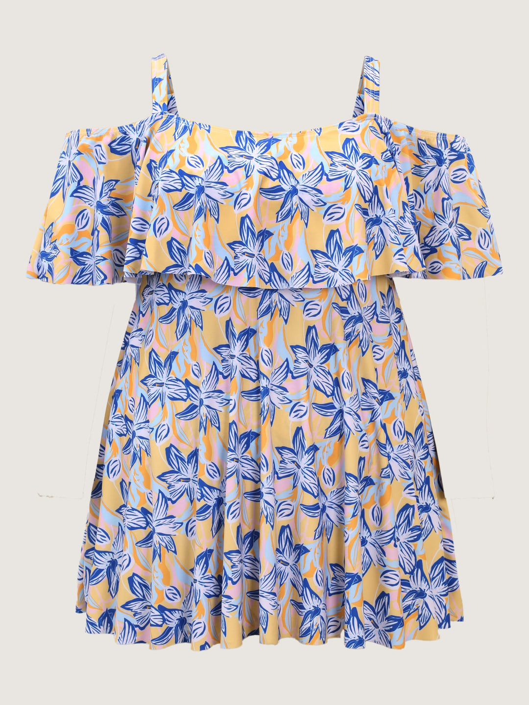 Caelina™ – Floral Ruffle Trim Off Shoulder Pockets Swim Dress