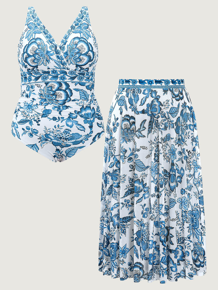 Celienne™ – Floral Ruched Mesh Swimsuit & Sarong Set
