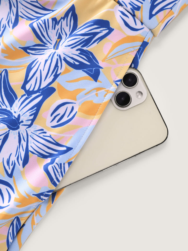 Caelina™ – Floral Ruffle Trim Off Shoulder Pockets Swim Dress