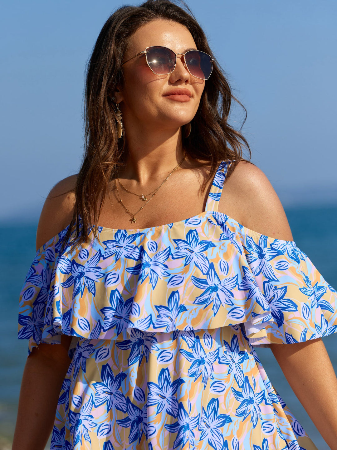 Caelina™ – Floral Ruffle Trim Off Shoulder Pockets Swim Dress