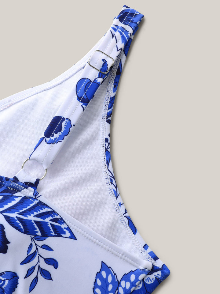 Celienne™ – Floral Ruched Mesh Swimsuit & Sarong Set