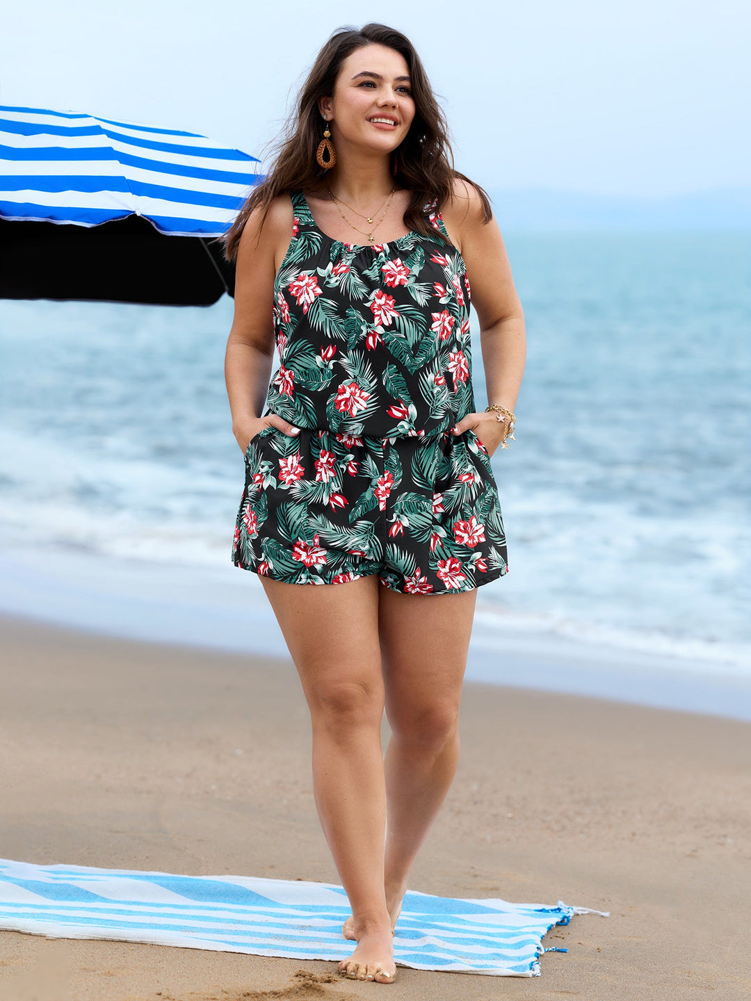Serelle™ – Tropical Flower Print Pockets One-Piece Swimsuit