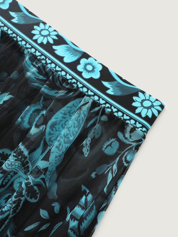 Celienne™ – Floral Ruched Mesh Swimsuit & Sarong Set