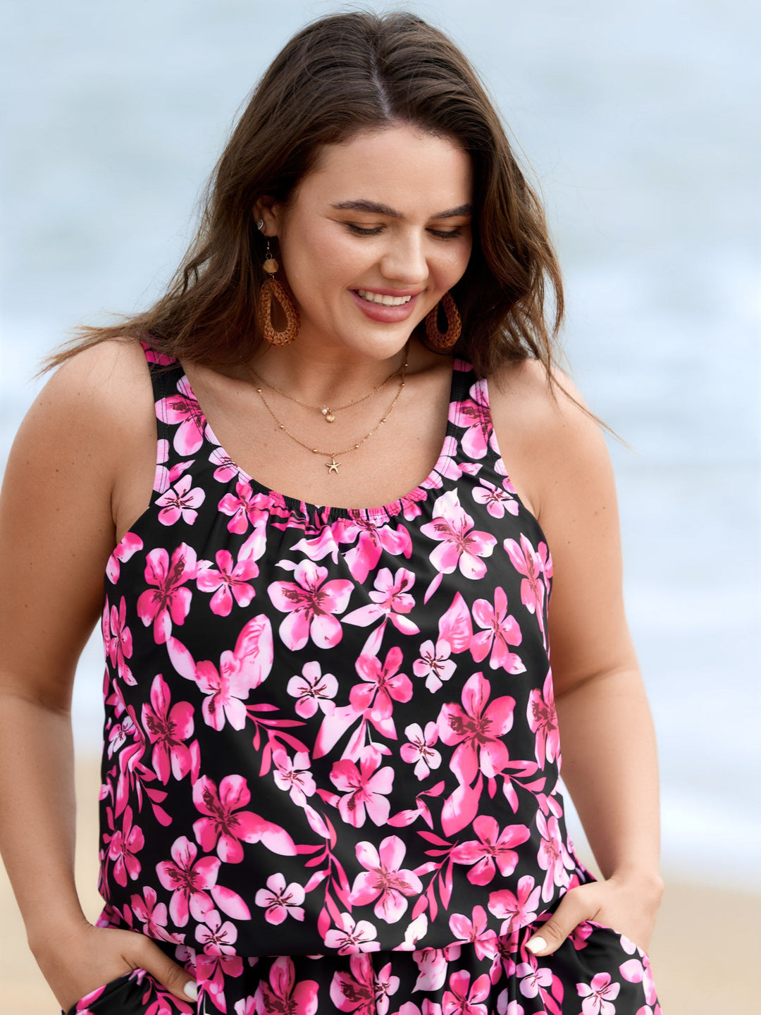 Serelle™ – Tropical Flower Print Pockets One-Piece Swimsuit