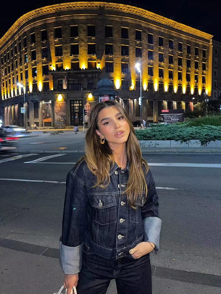 Seralyn™ – Cropped Denim Button-Up Jacket