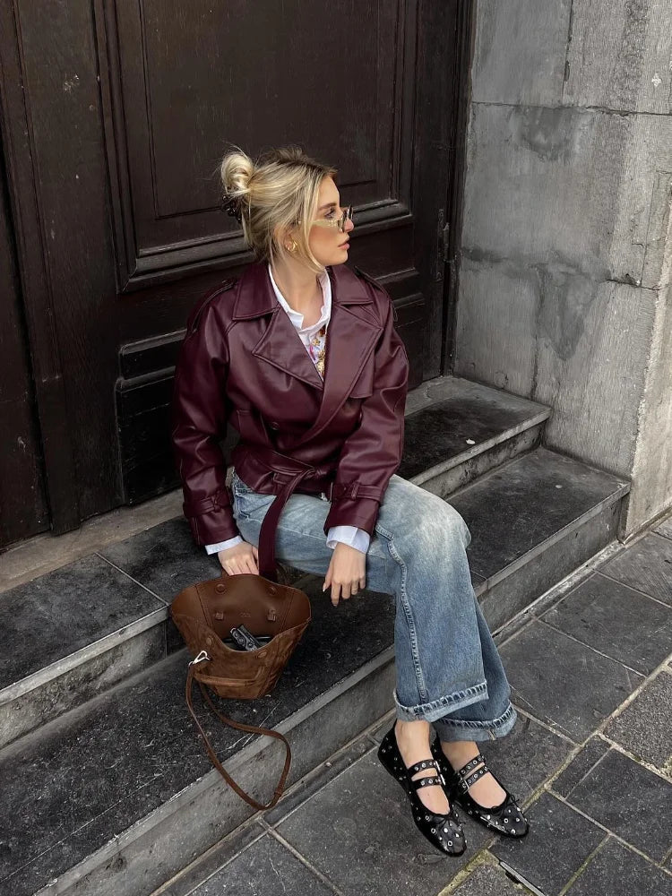 Serelune™ – Burgundy Short Trench Coat