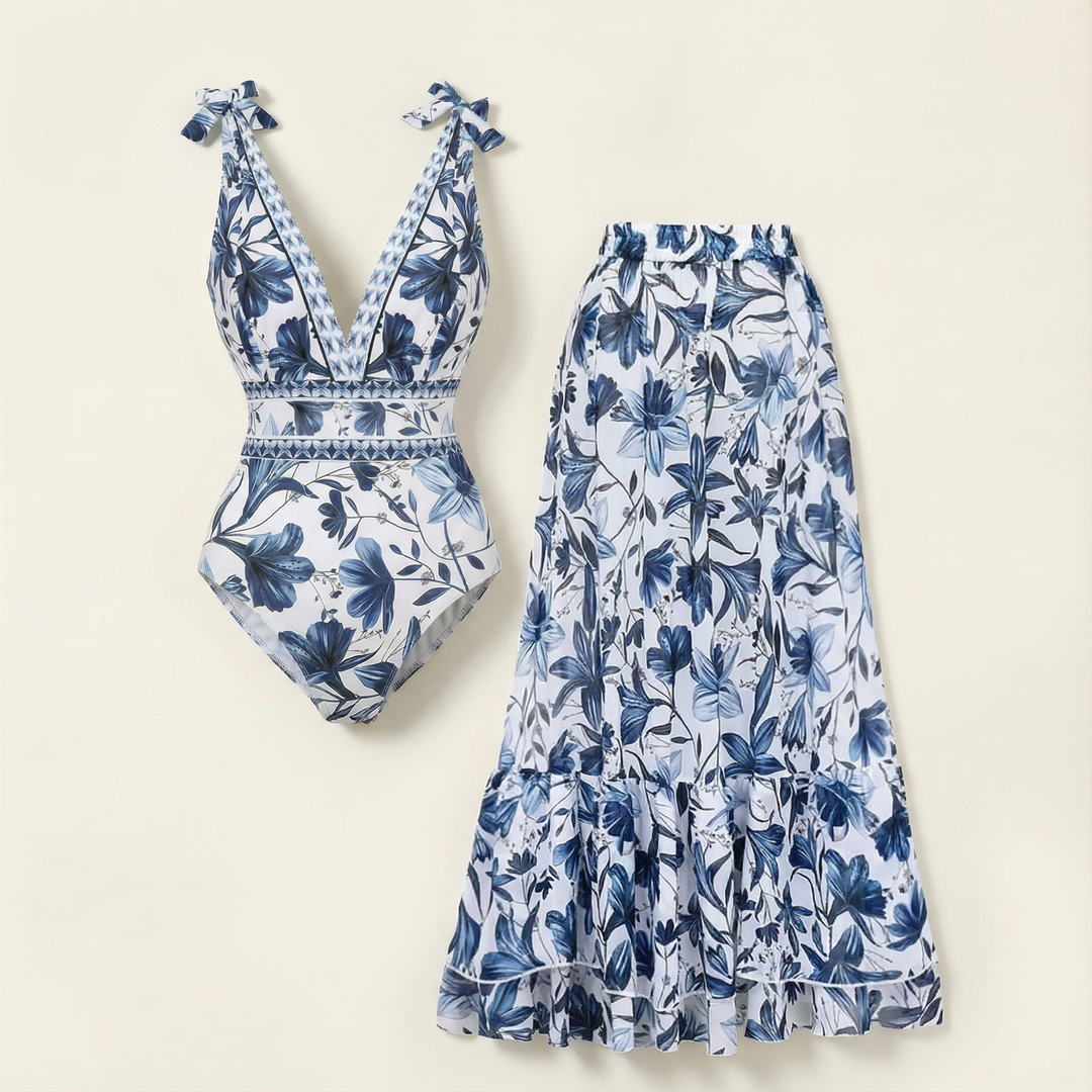 Selvara™ | V-Neck Swimsuit & Skirt Set