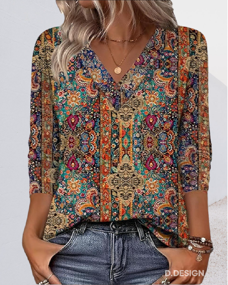 Elysea™ Retro Printed Blouse V-Neck