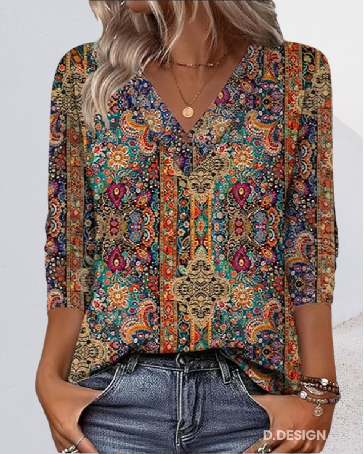 Elysea™ Retro Printed Blouse V-Neck
